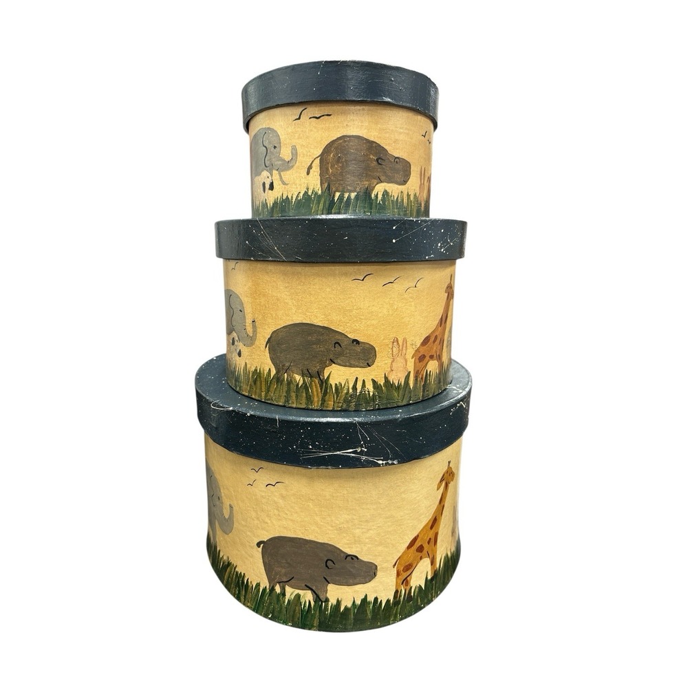 Vintage Hand-painted Nesting Box 3 PC Set With Animals Nursery Farmhouse Decor - Picture 6 of 11